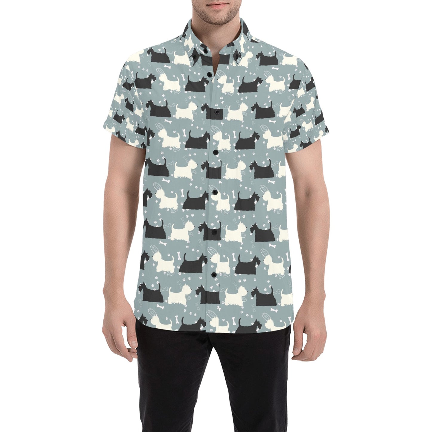 Scottish Terriers Print Design LKS301 Men Short Sleeve Button Up Shirt