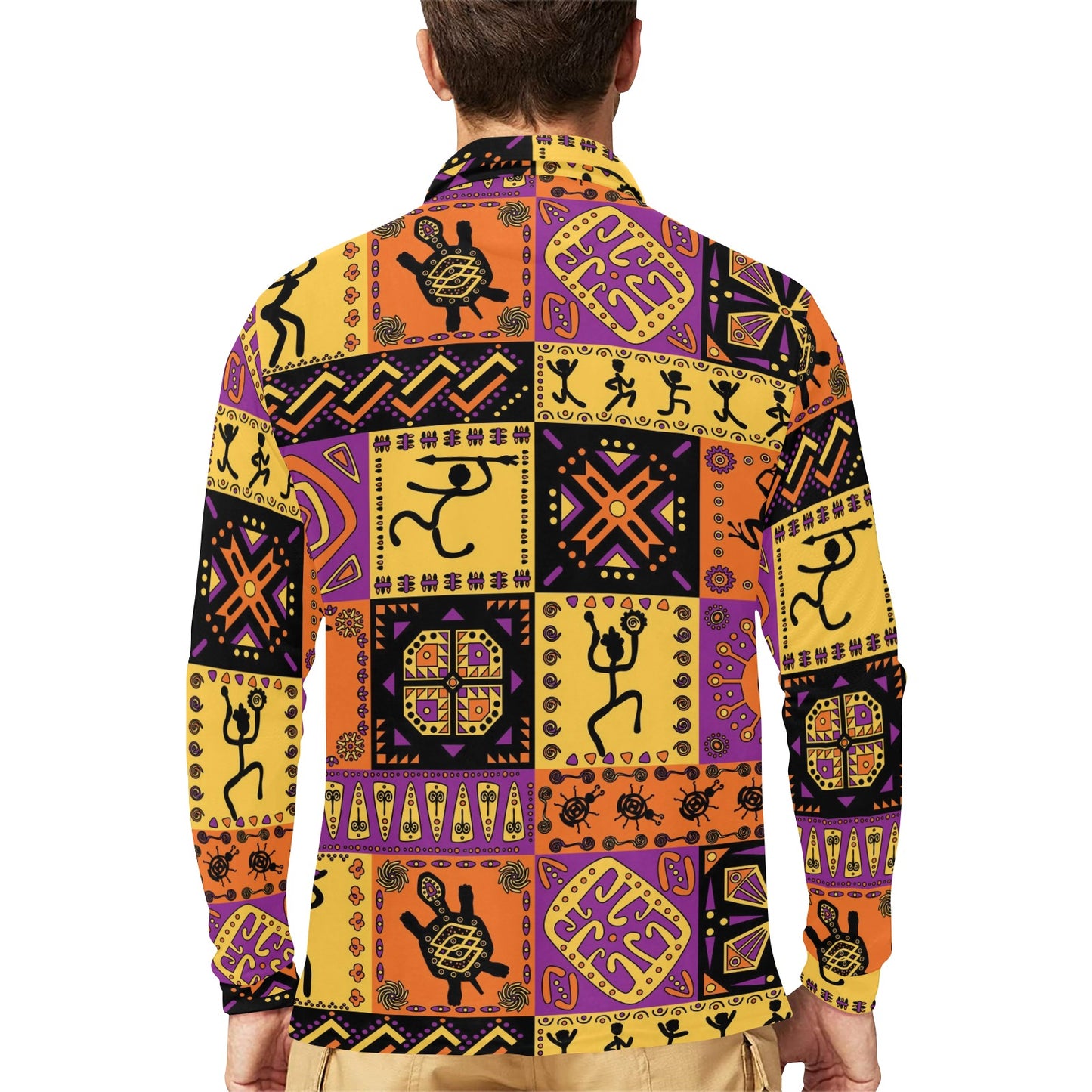 African Pattern Print Design 02 Long Sleeve Polo Shirt For Men's