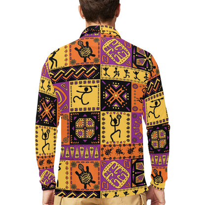 African Pattern Print Design 02 Long Sleeve Polo Shirt For Men's
