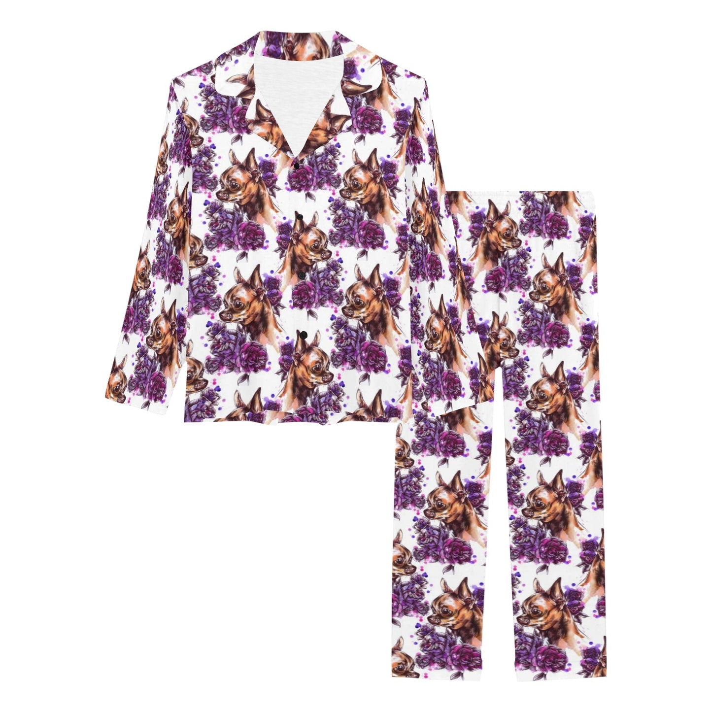Chihuahua Purple Floral Women's Long Pajama Set
