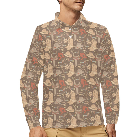 Cowboy Pattern Print Design 02 Long Sleeve Polo Shirt For Men's