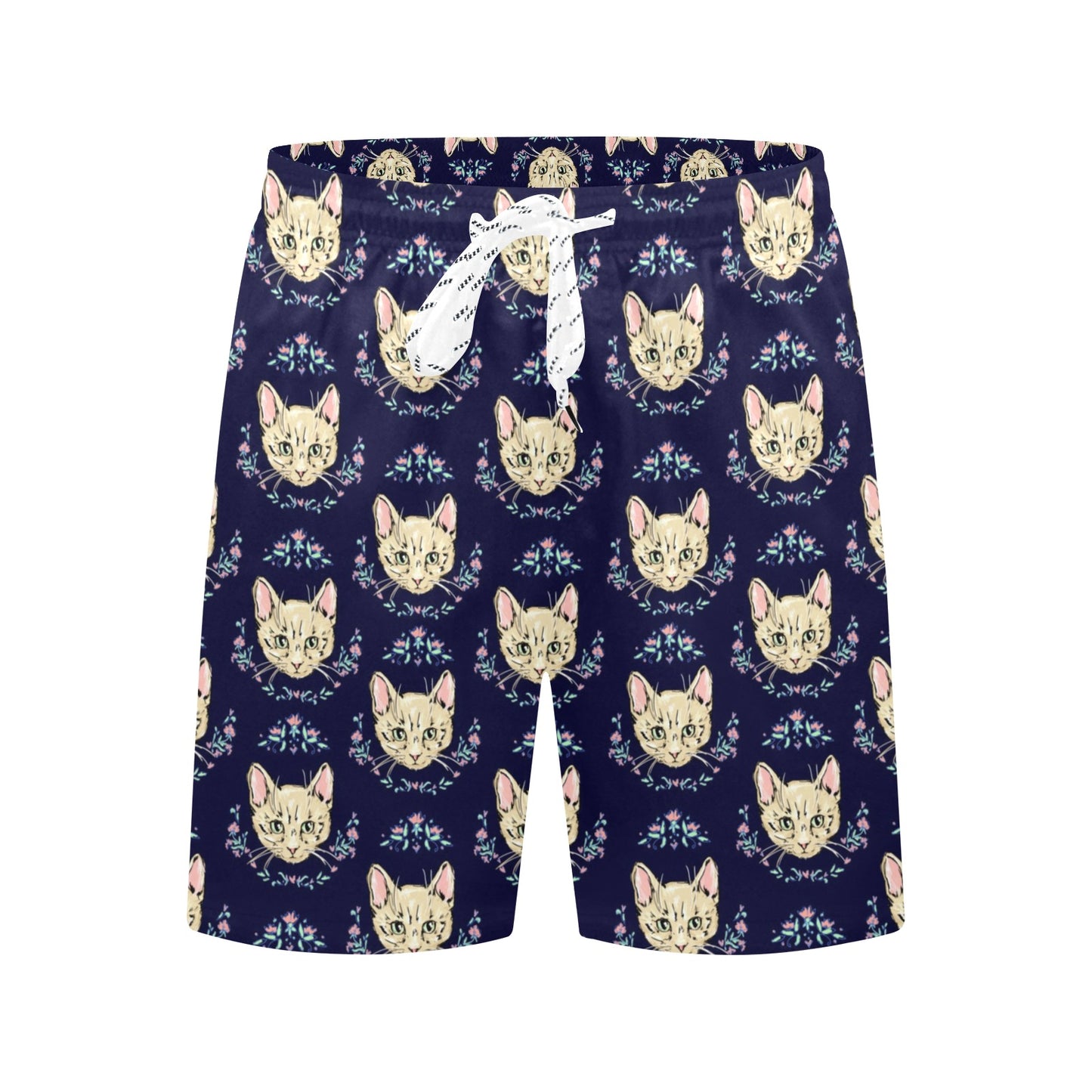 Cat Head with flower Print Pattern Men's Swim Trunks Beach Shorts