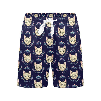 Cat Head with flower Print Pattern Men's Swim Trunks Beach Shorts