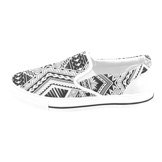Samoan Tattoo Style Print Design LKS307 White Slip Ons Canvas Women's Shoes