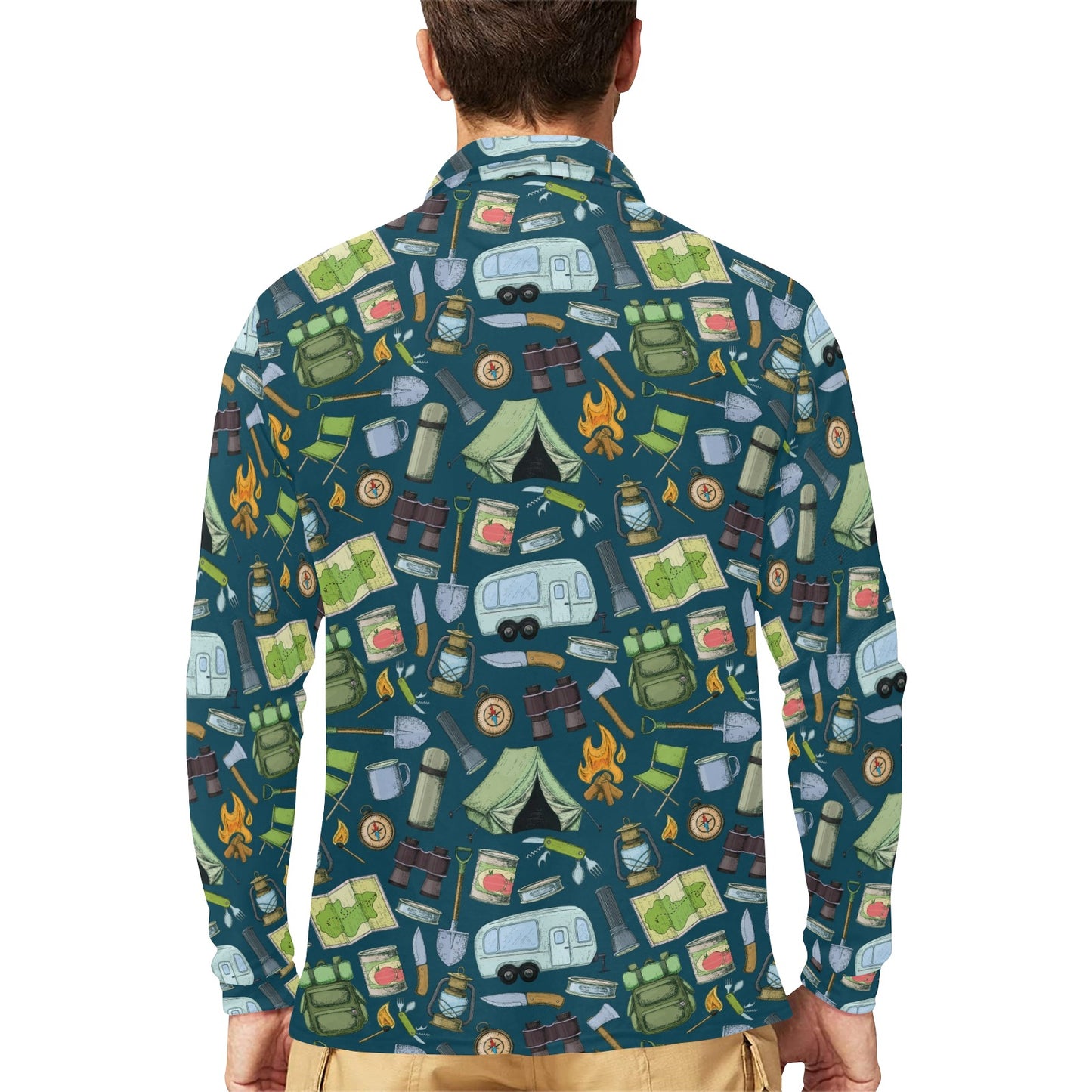 Camping Pattern Print Design 02 Long Sleeve Polo Shirt For Men's