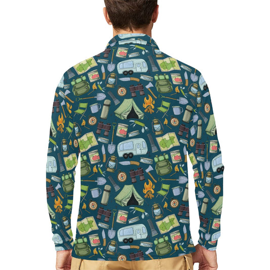 Camping Pattern Print Design 02 Long Sleeve Polo Shirt For Men's