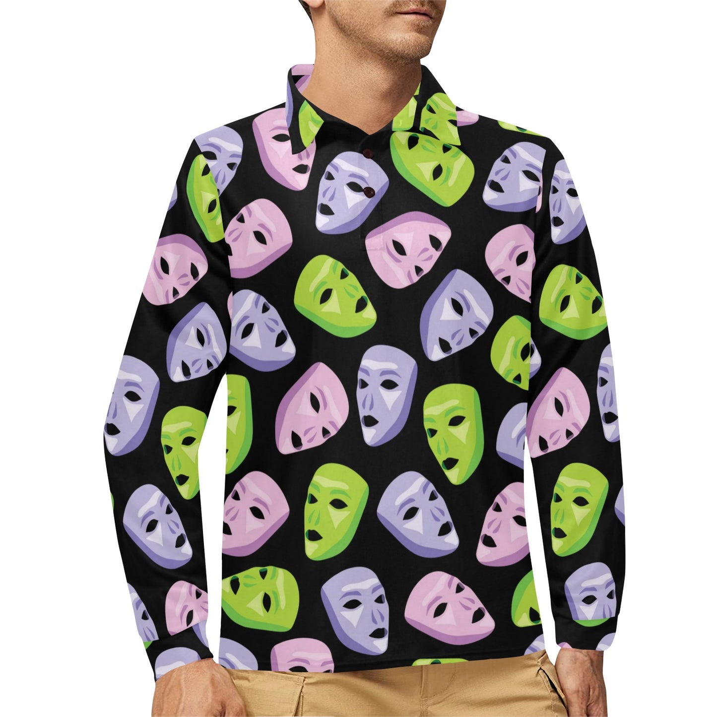 Acting Mask Pattern Print Design 04 Long Sleeve Polo Shirt For Men's