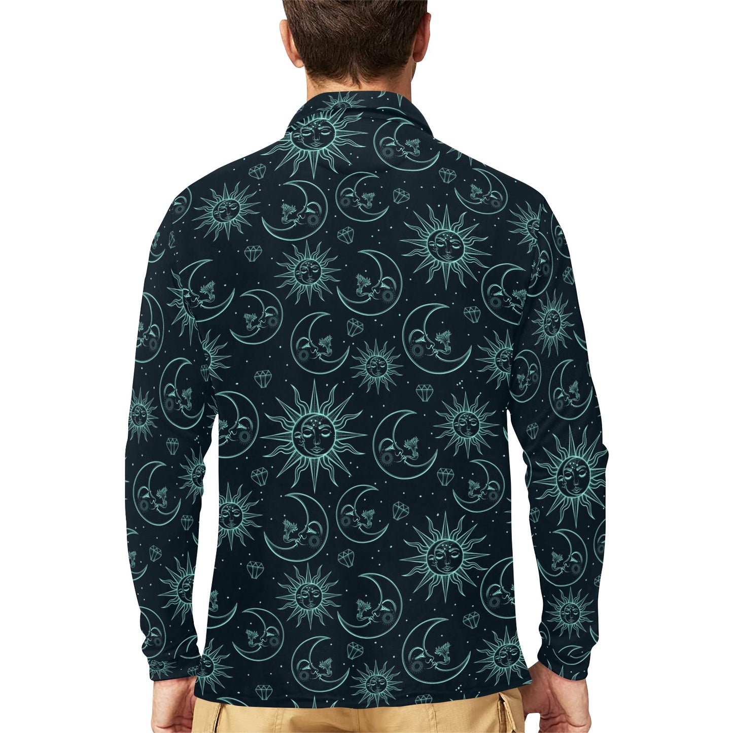 Sun Moon Magic Design Themed Print Long Sleeve Polo Shirt For Men's