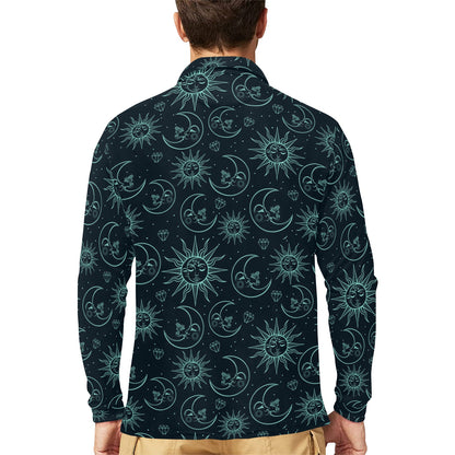 Sun Moon Magic Design Themed Print Long Sleeve Polo Shirt For Men's