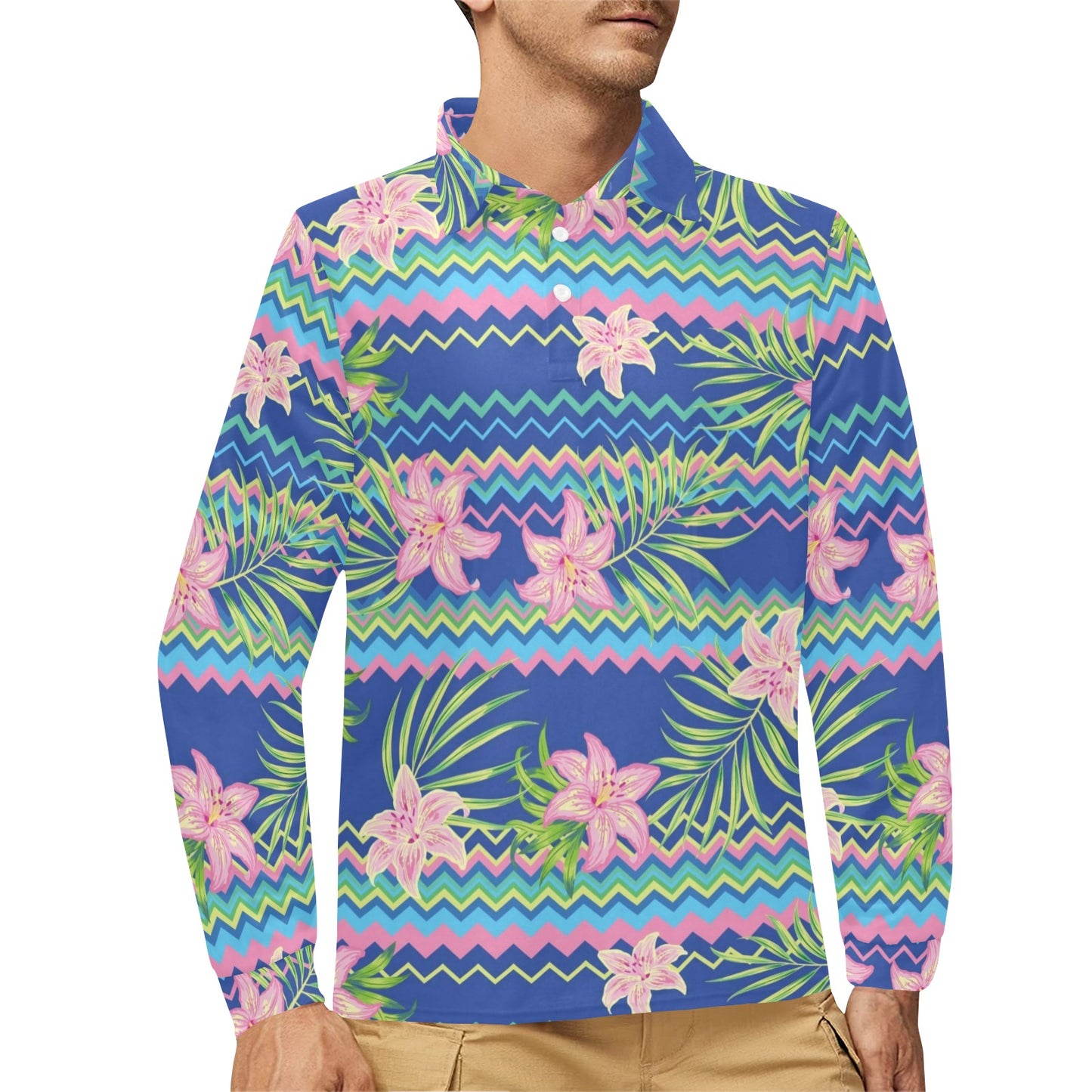 Lily Pattern Print Design LY015 Long Sleeve Polo Shirt For Men's