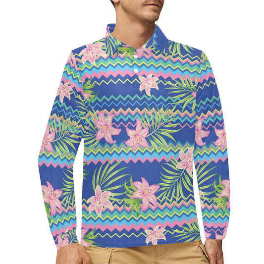 Lily Pattern Print Design LY015 Long Sleeve Polo Shirt For Men's