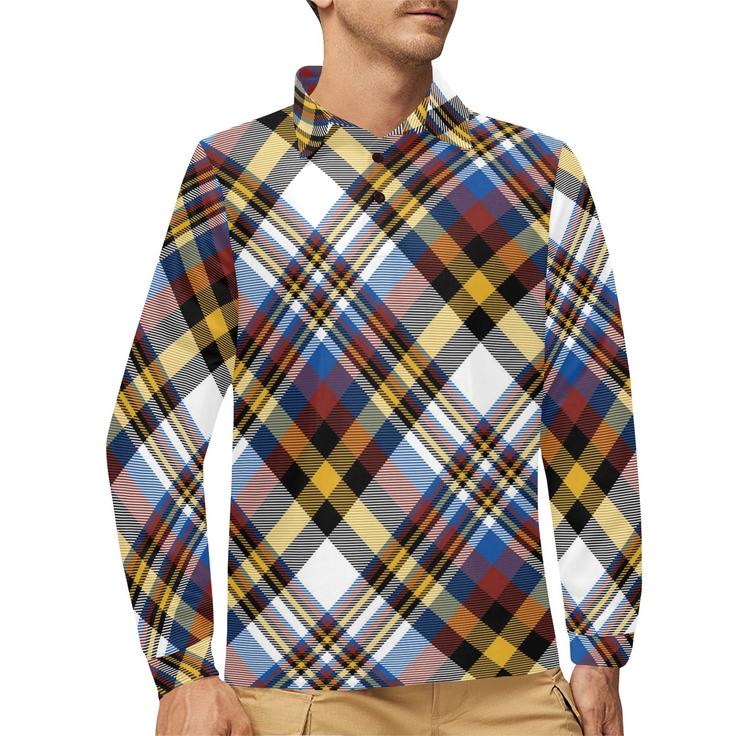 Madras Pattern Print Design 01 Long Sleeve Polo Shirt For Men's