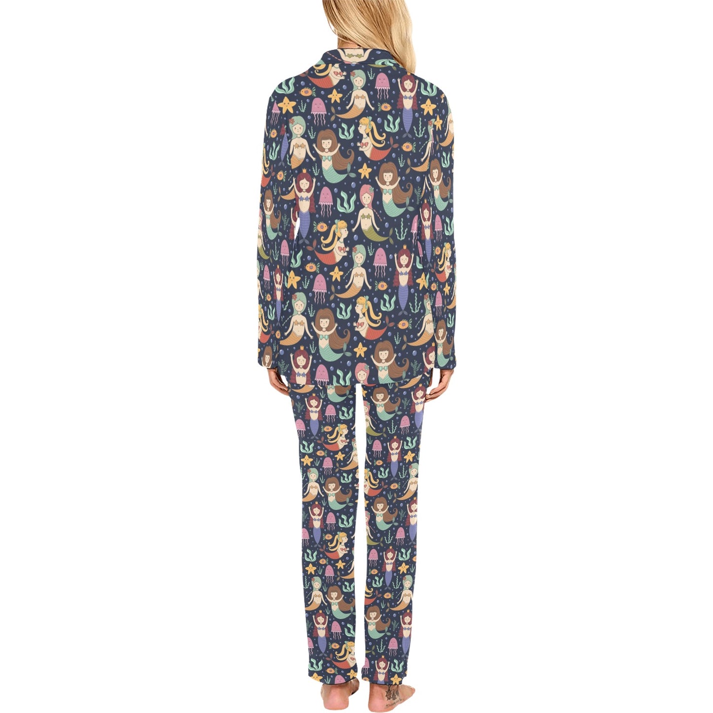 Mermaid Cartoon Pattern Print Design 03 Women's Long Pajama Set