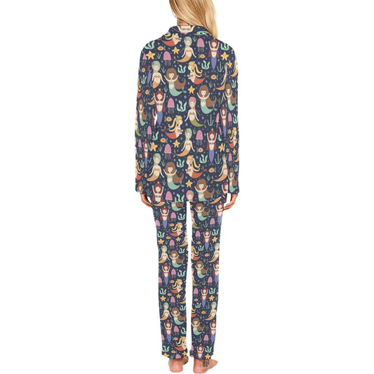 Mermaid Cartoon Pattern Print Design 03 Women's Long Pajama Set