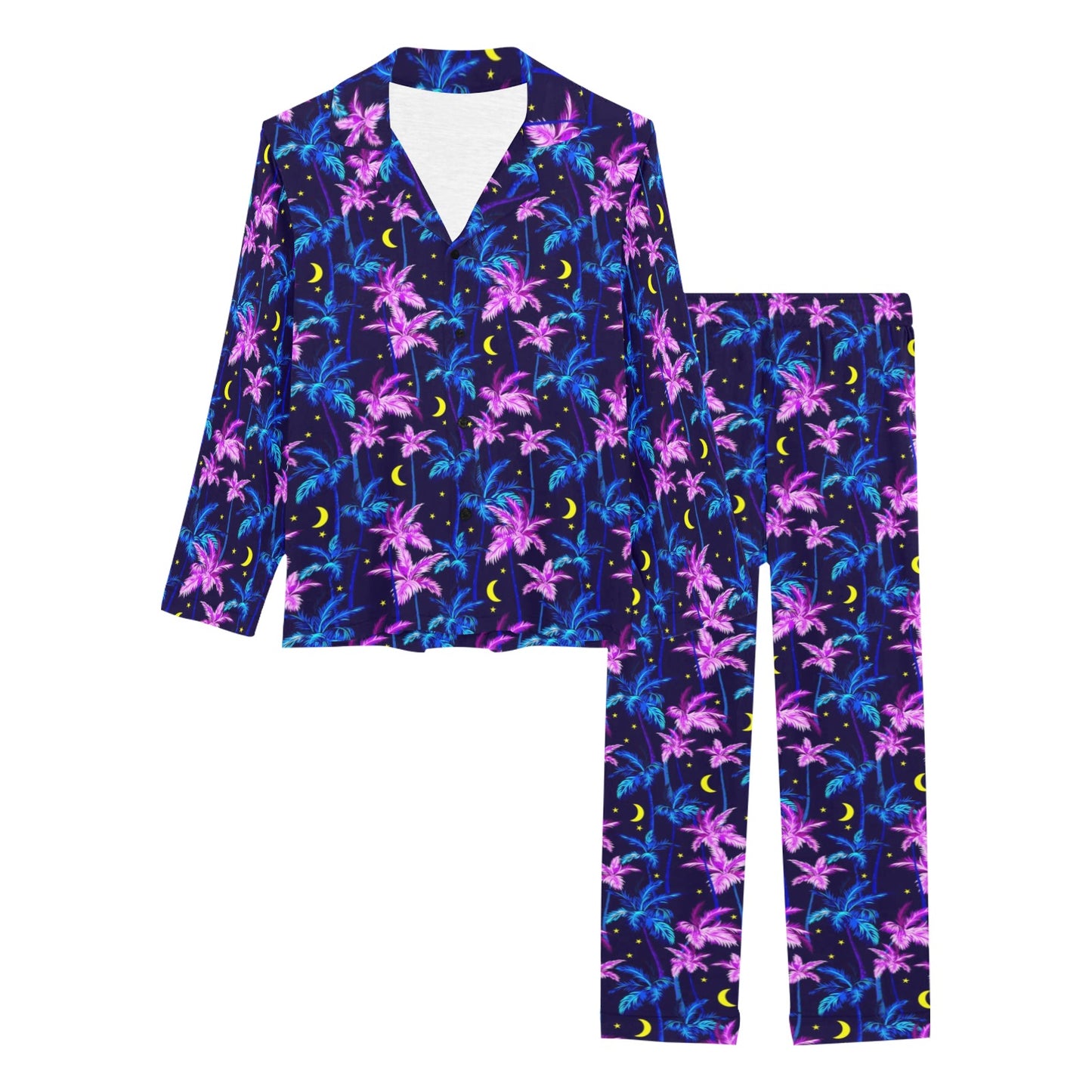 Palm Tree Night Scene Design Print Women's Long Pajama Set