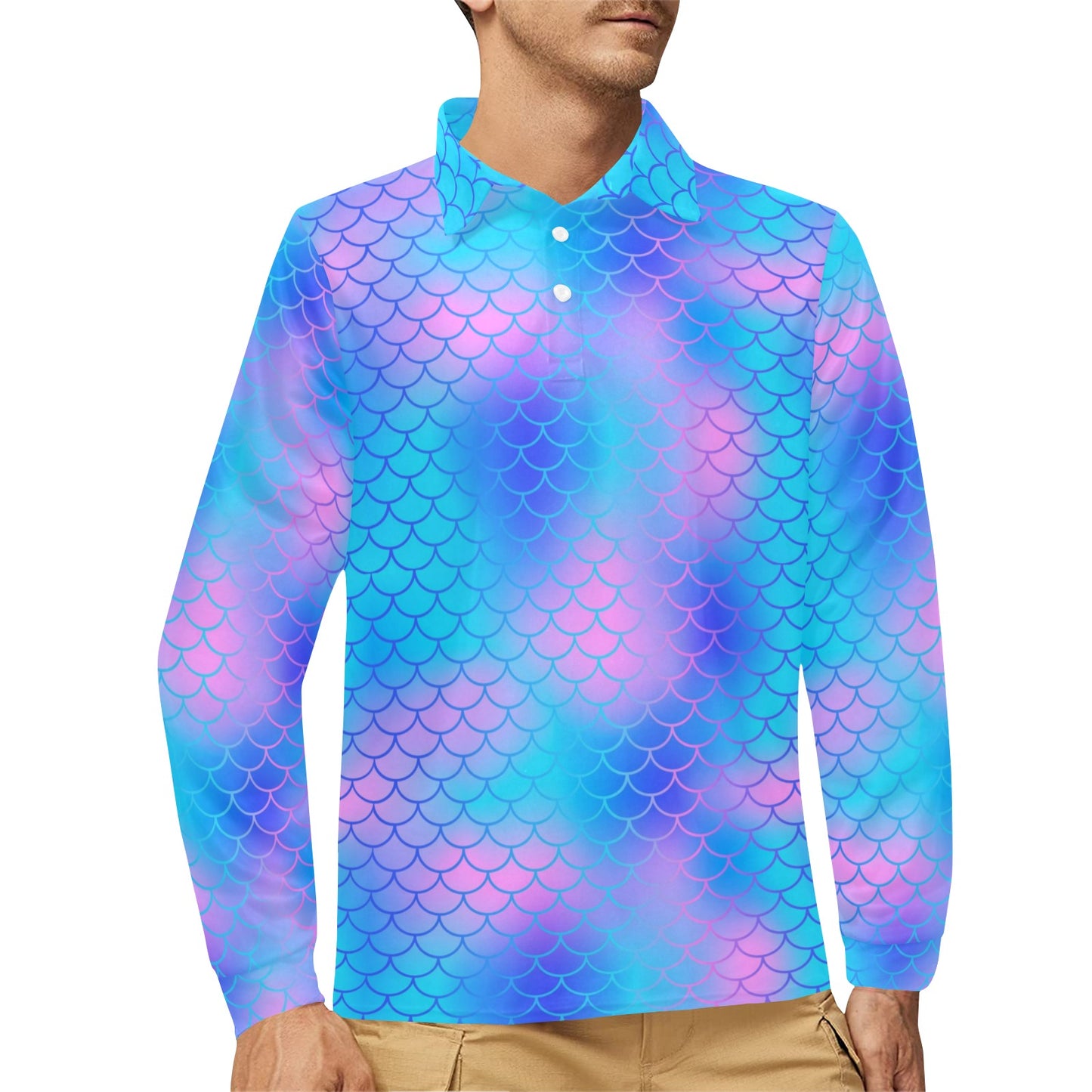 Mermaid Scales Pattern Print Design 04 Long Sleeve Polo Shirt For Men's