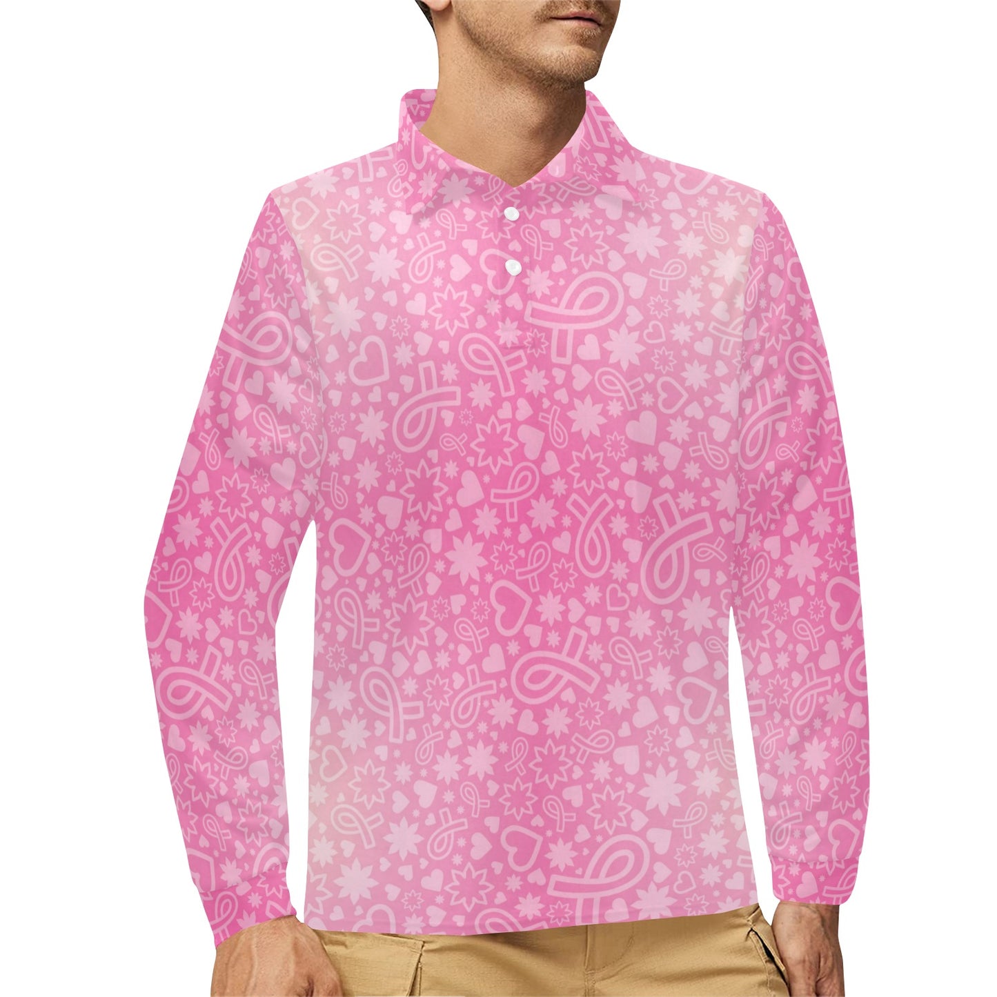 Breast cancer Pattern Print Design 02 Long Sleeve Polo Shirt For Men's
