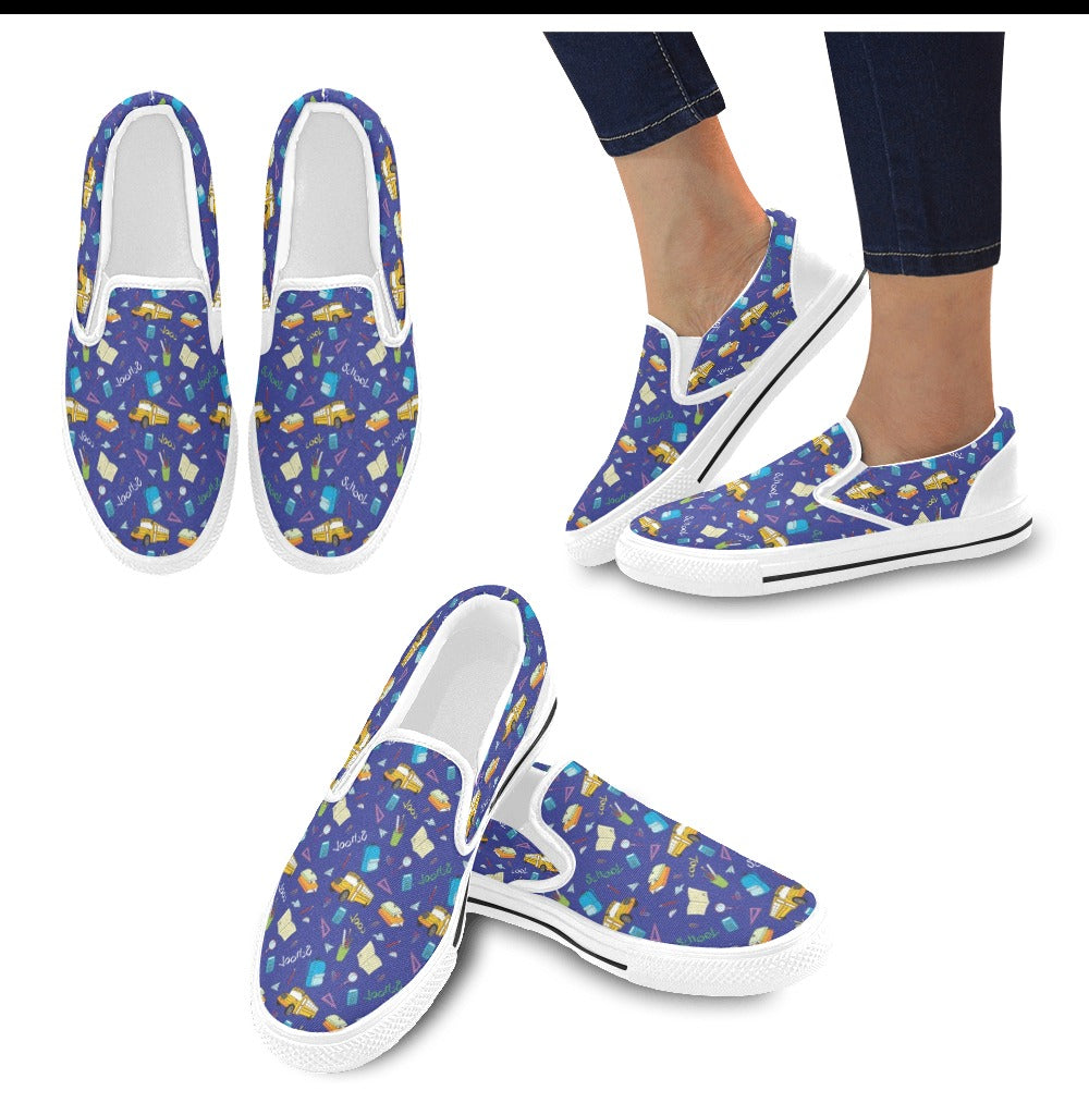 School Bus Print Design LKS307 White Slip Ons Canvas Women's Shoes