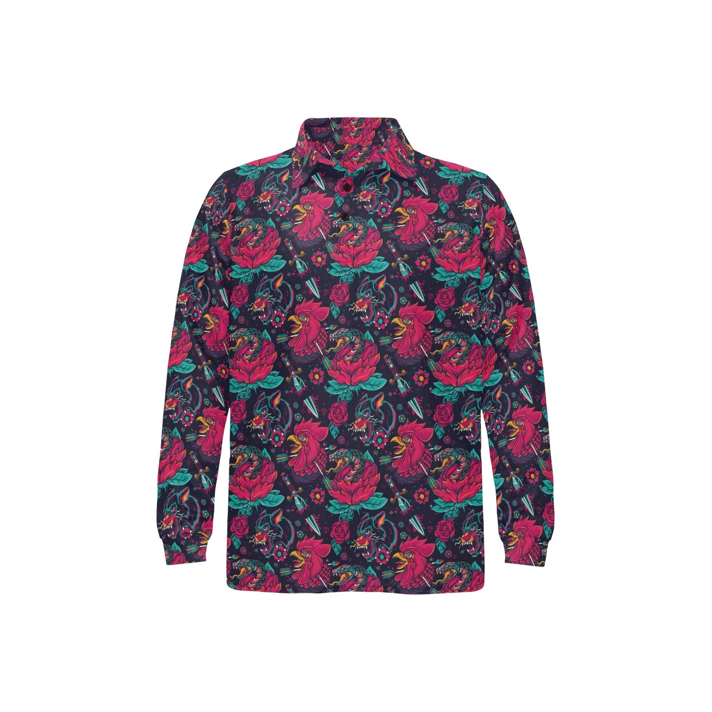Old School Tattoo Print Long Sleeve Polo Shirt For Men's