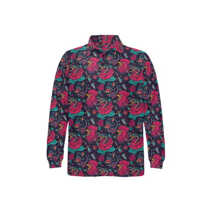 Old School Tattoo Print Long Sleeve Polo Shirt For Men's
