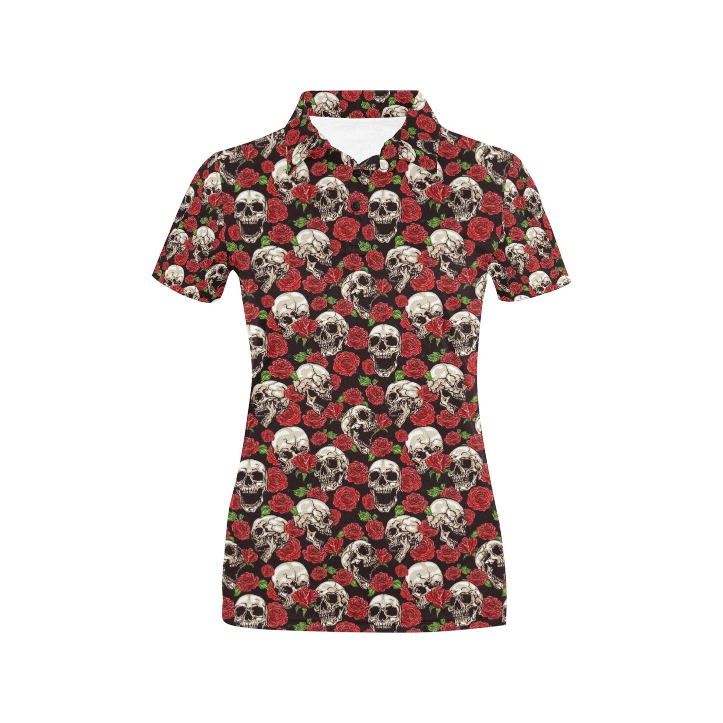 Skull Roses Design Themed Print Women's Polo Shirt
