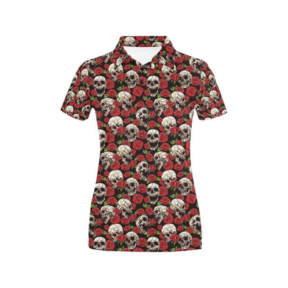 Skull Roses Design Themed Print Women's Polo Shirt