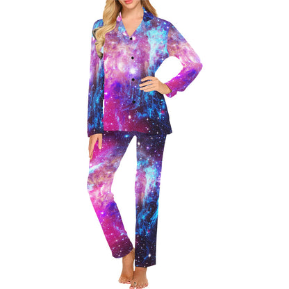 Galaxy Night Purple Space Print Women's Long Pajama Set
