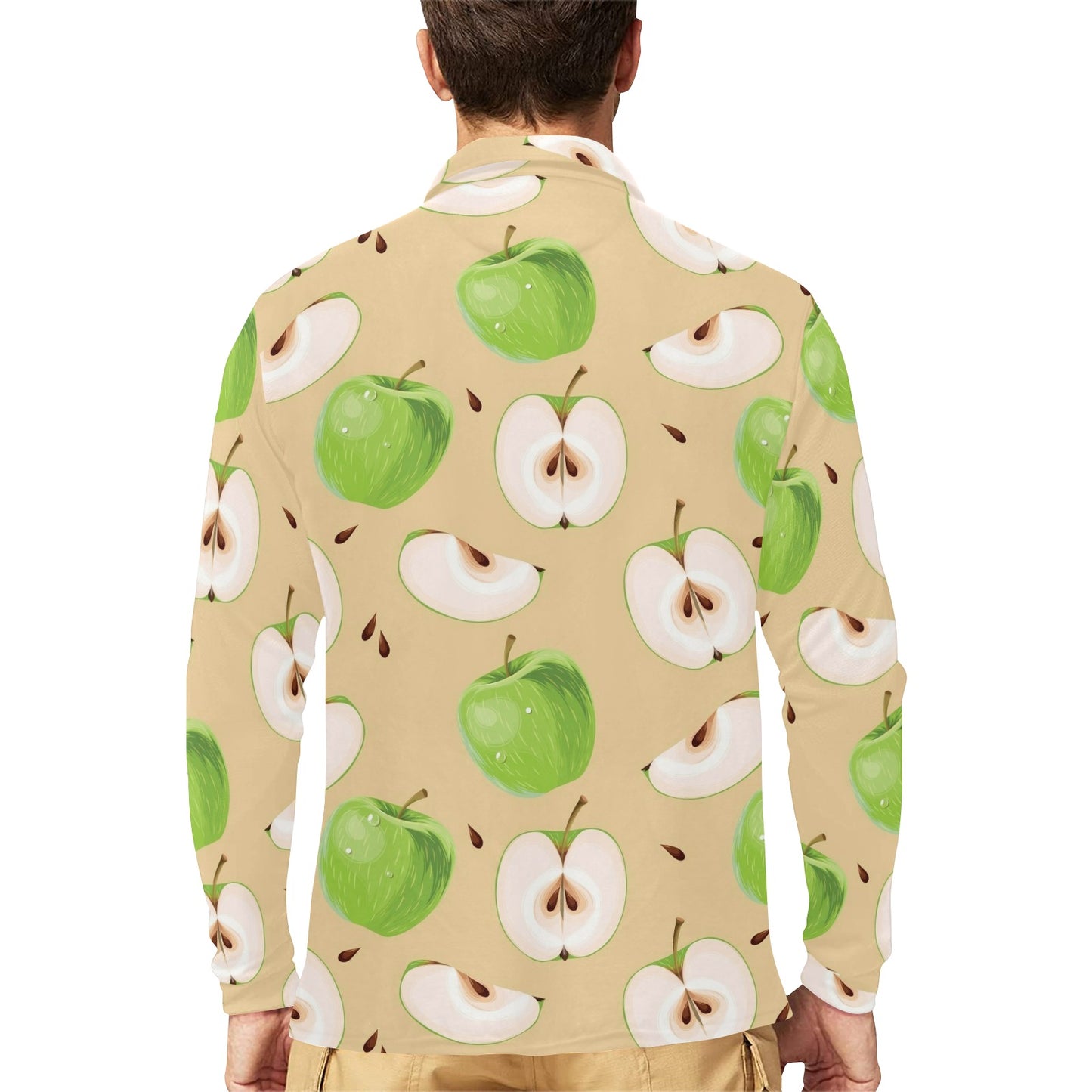 Apple Pattern Print Design AP07 Long Sleeve Polo Shirt For Men's