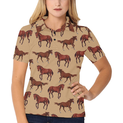 Brown Horse Print Pattern Women's Polo Shirt