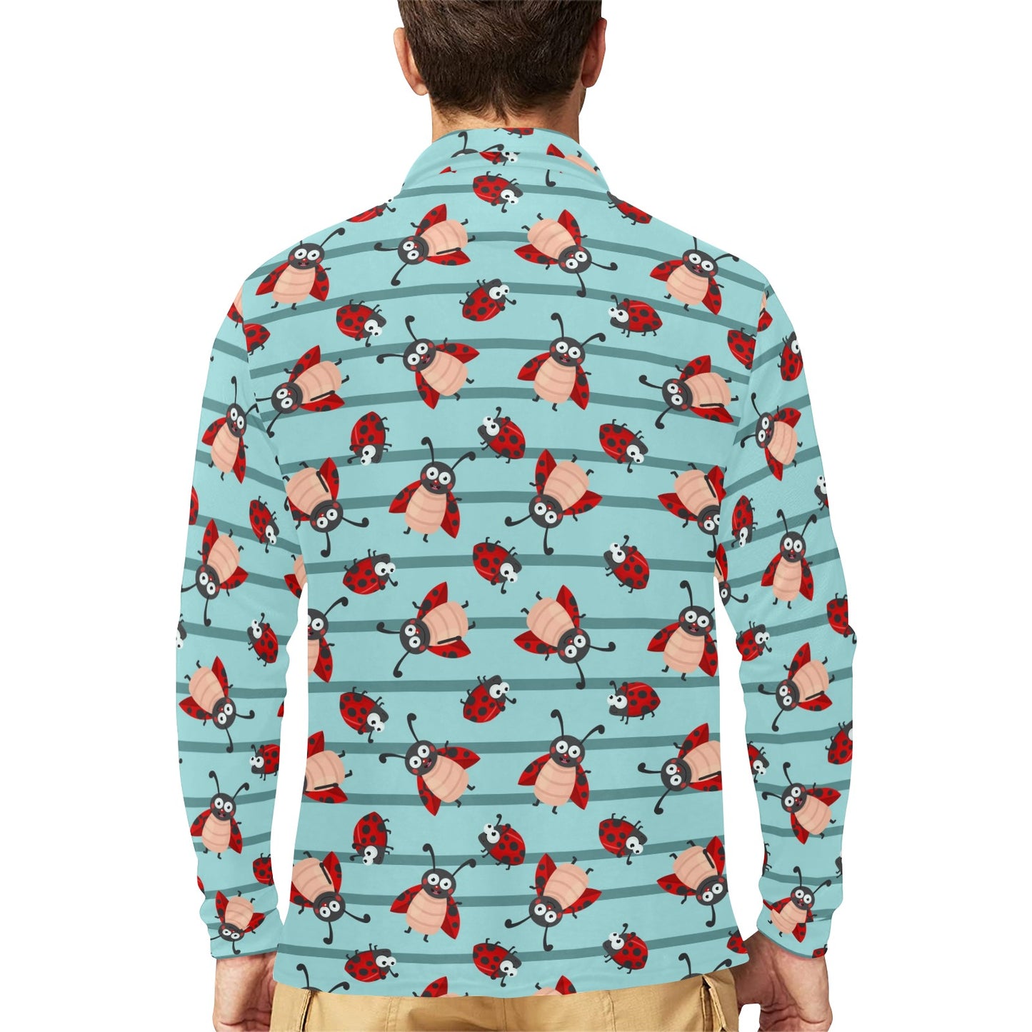 Ladybug Happy Print Pattern Long Sleeve Polo Shirt For Men's