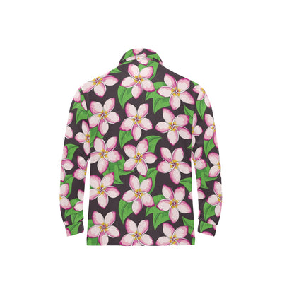 Pink Plumeria Pattern Print Design PM019 Long Sleeve Polo Shirt For Men's