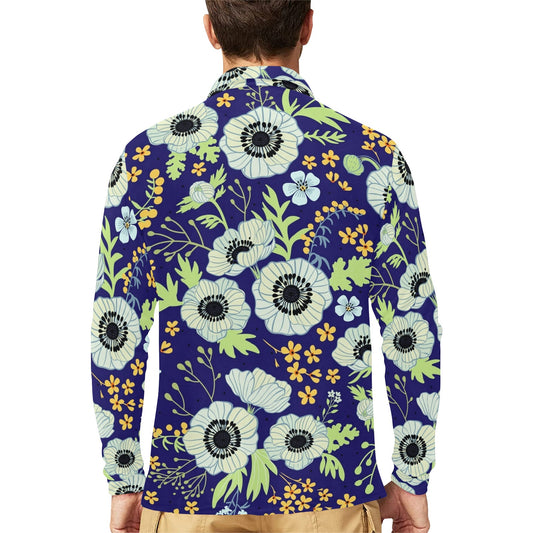 Anemone Pattern Print Design AM06 Long Sleeve Polo Shirt For Men's