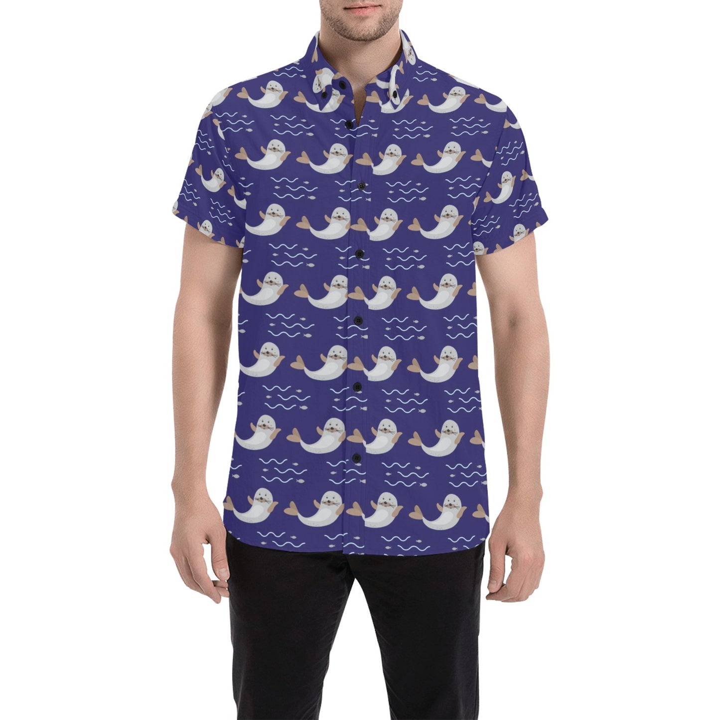 Sea Lion Print Design LKS404 Men Short Sleeve Button Up Shirt