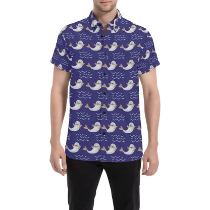 Sea Lion Print Design LKS404 Men Short Sleeve Button Up Shirt