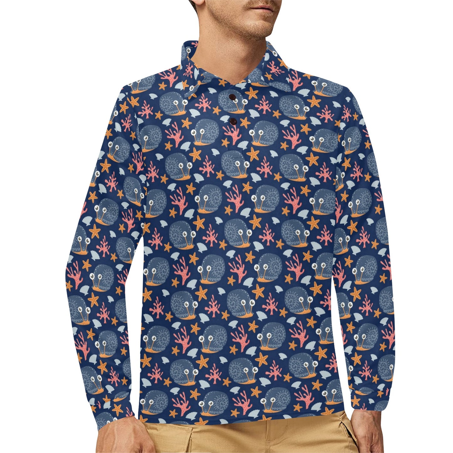 Snail Print Design LKS402 Long Sleeve Polo Shirt For Men's
