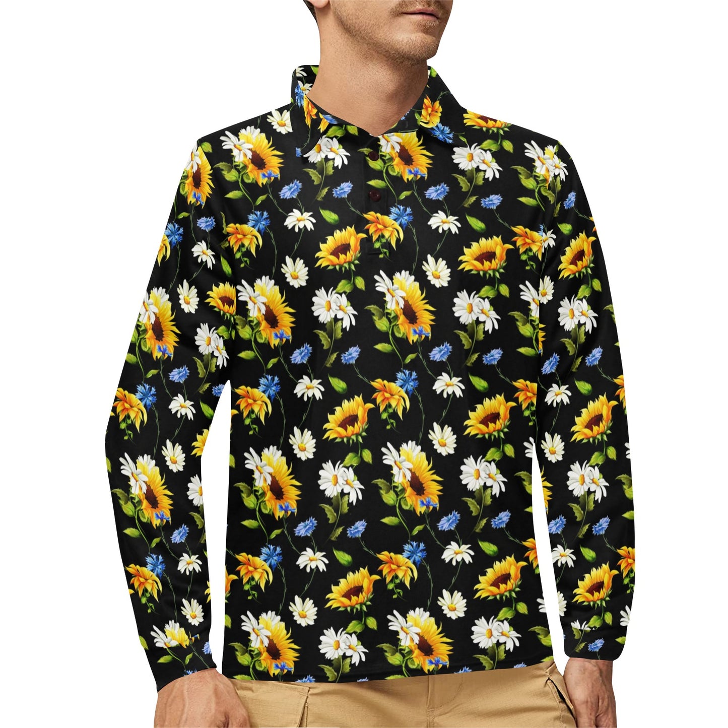 Sunflower Chamomile Bright Color Print Long Sleeve Polo Shirt For Men's