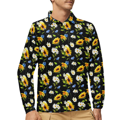 Sunflower Chamomile Bright Color Print Long Sleeve Polo Shirt For Men's