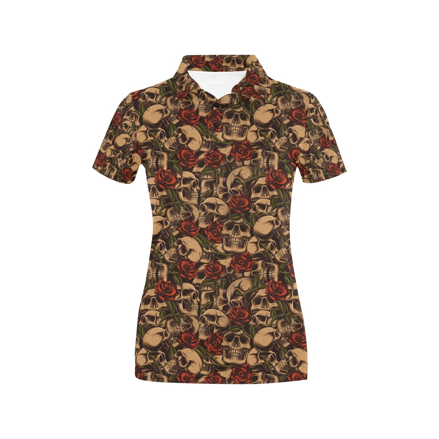 Skull Roses Vintage Design Themed Print Women's Polo Shirt