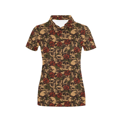 Skull Roses Vintage Design Themed Print Women's Polo Shirt