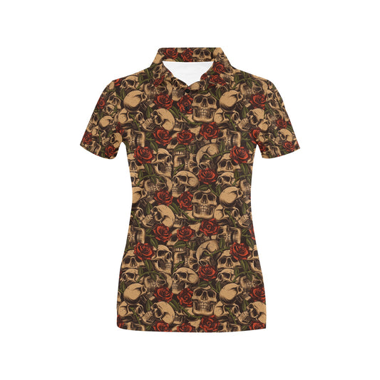 Skull Roses Vintage Design Themed Print Women's Polo Shirt