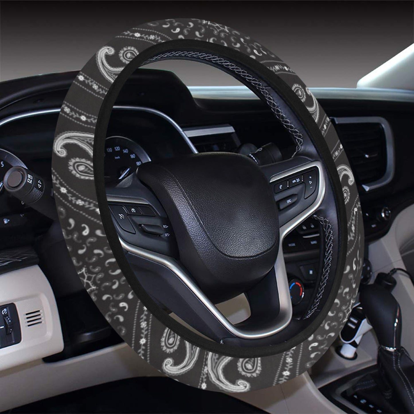 Bandana Black White Print Design LKS302 Steering Wheel Cover with Elastic Edge