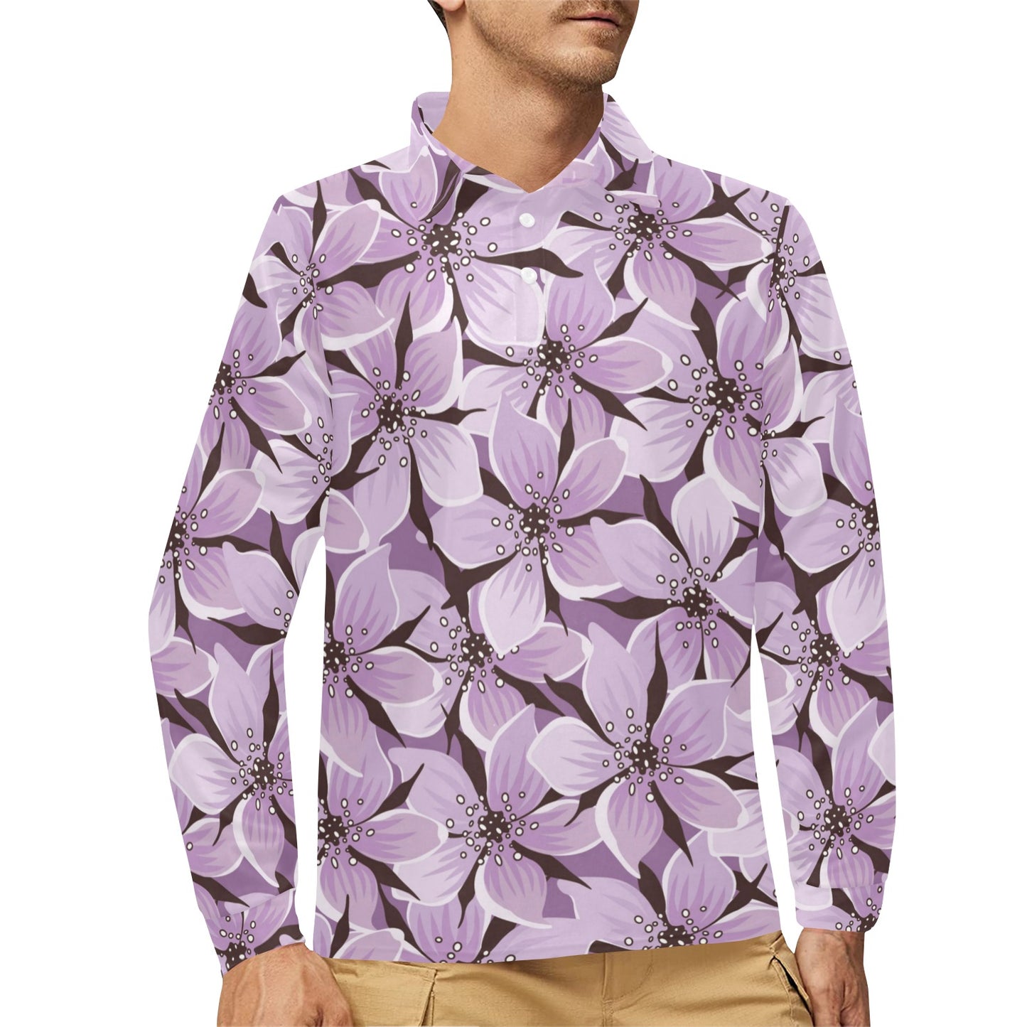 Lilac Pattern Print Design 01 Long Sleeve Polo Shirt For Men's