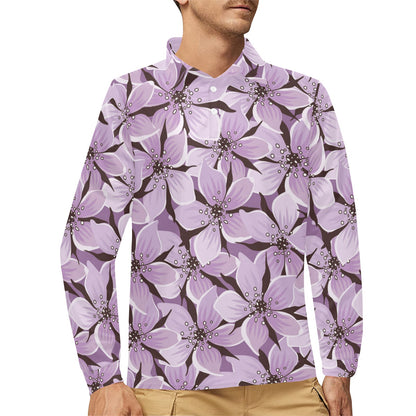 Lilac Pattern Print Design 01 Long Sleeve Polo Shirt For Men's