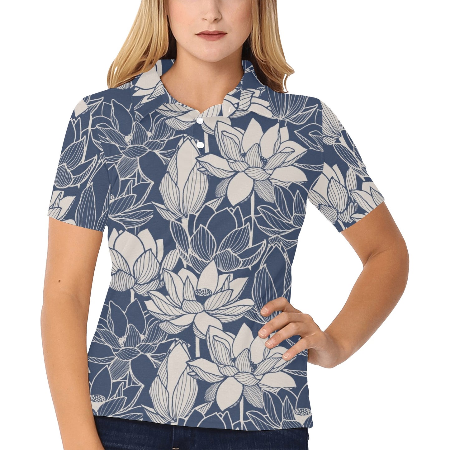 Water Lily Pattern Print Design WL04 Women's Polo Shirt