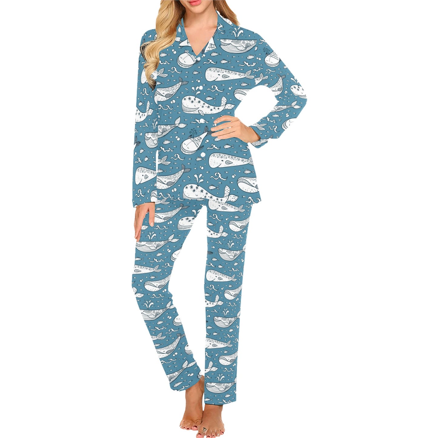 Humpback Whale Pattern Print Design 03 Women's Long Pajama Set