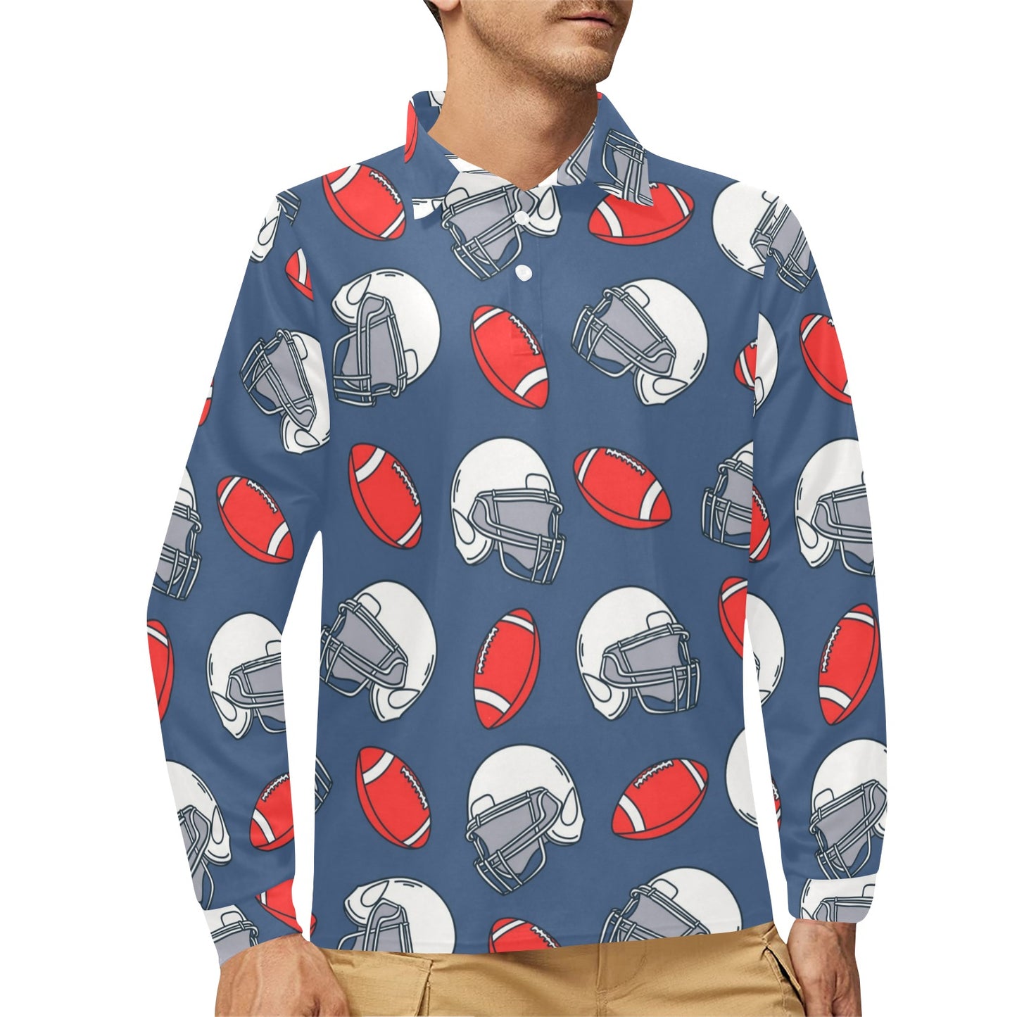 American Football Helmet Design Pattern Long Sleeve Polo Shirt For Men's