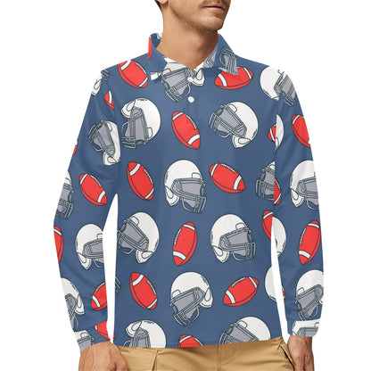 American Football Helmet Design Pattern Long Sleeve Polo Shirt For Men's