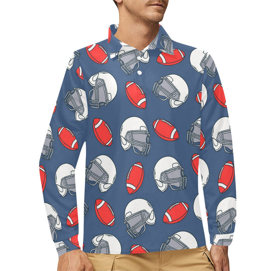 American Football Helmet Design Pattern Long Sleeve Polo Shirt For Men's