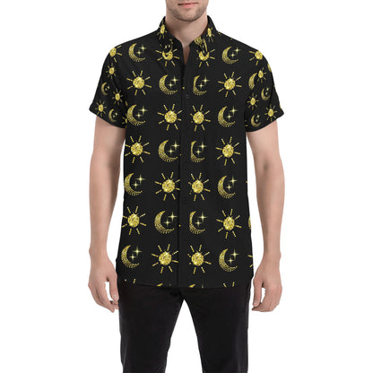 Sun Moon Print Design LKS304 Men Short Sleeve Button Up Shirt