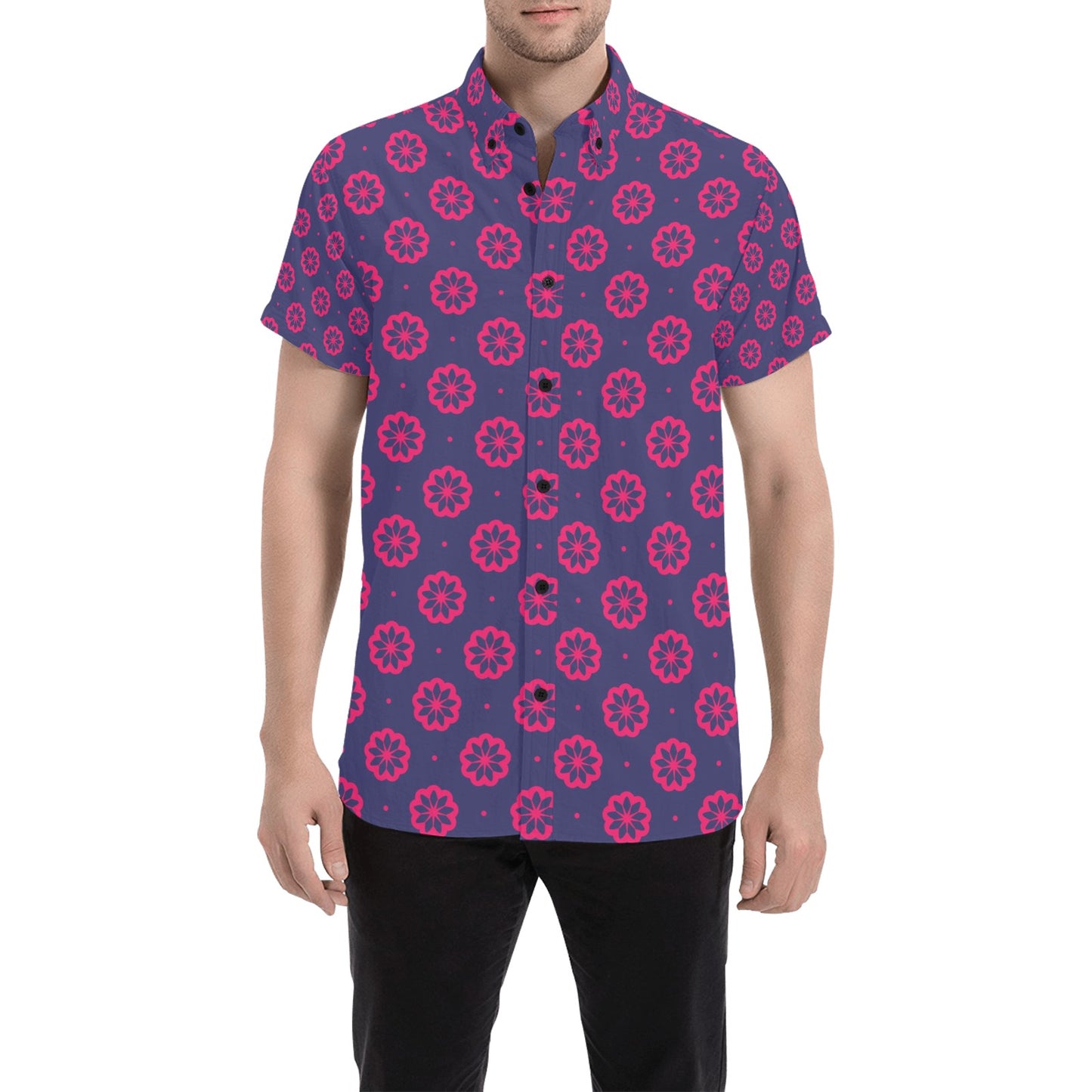 Water Lily Print Design LKS301 Men Short Sleeve Button Up Shirt